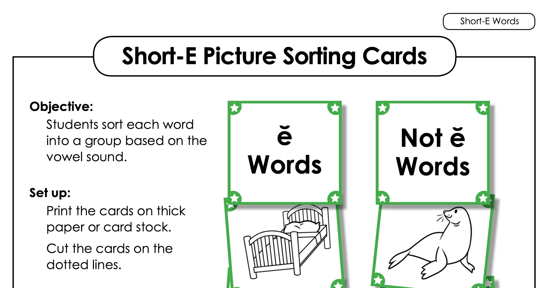 Short E phonics worksheet preview